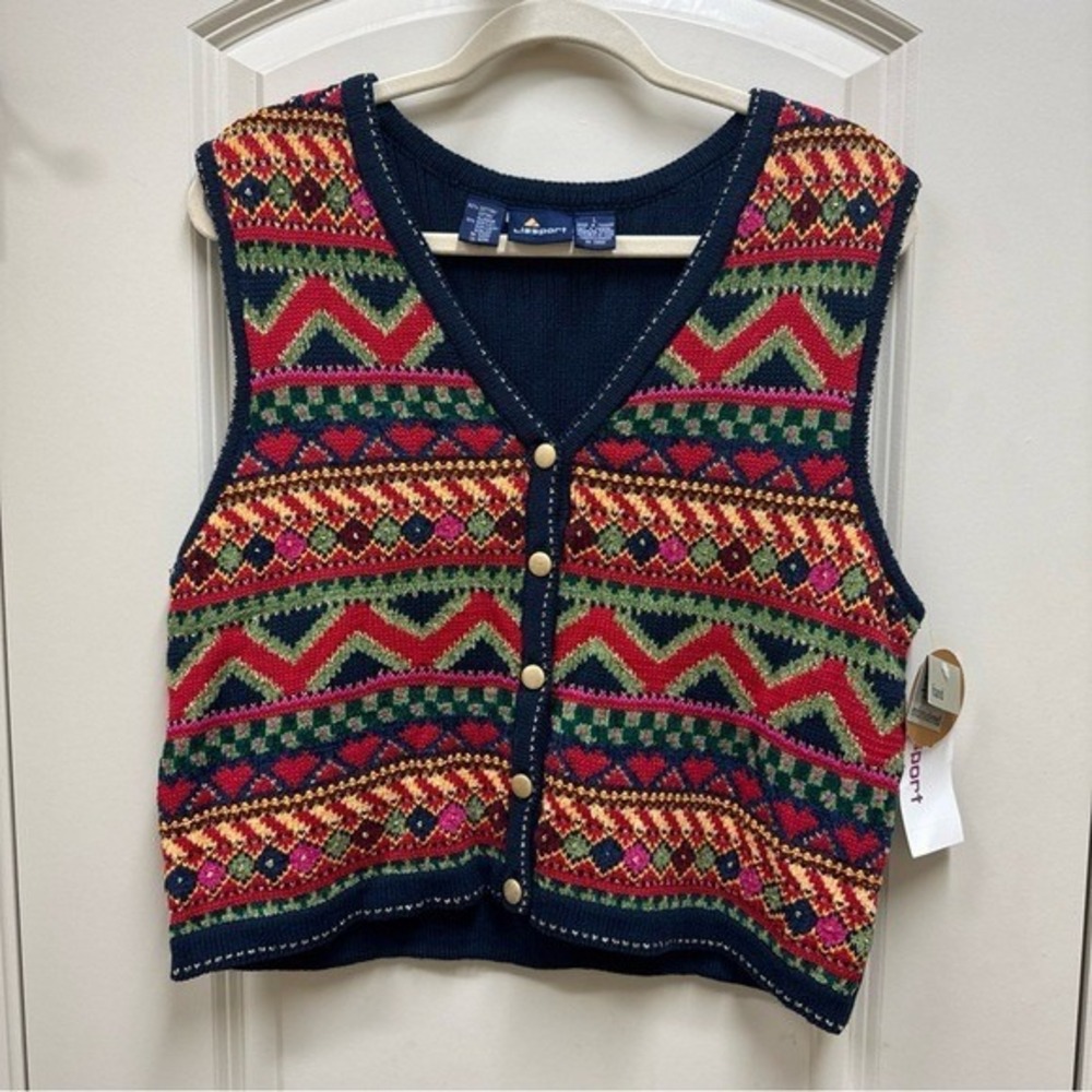 Lizsport Sweater Vest Women L Navy Fair Isle Metallic V-Neck Vintage NWT